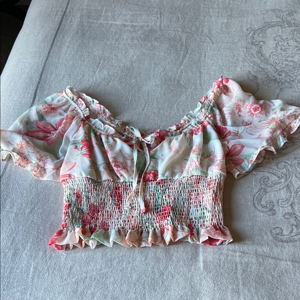 Floral Off-Shoulder Smocked Crop Top - Cream Pink Floral